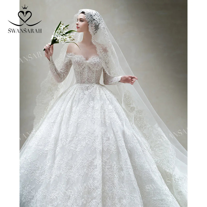 Vintage Lace Wedding Dress 2024 Sweetheart Long Sleeve Ball Gown Princess Vestido De Novia SwanSarah B500 Backless Bride Gown