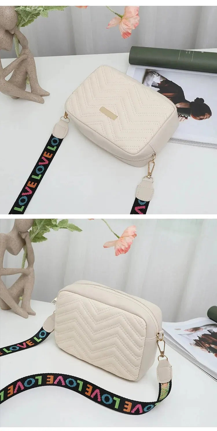 Rilibegan Embroidered Camera Bag PU Material Casual Small Square Bag Versatile Single Shoulder Bag Printed Shoulder Strap