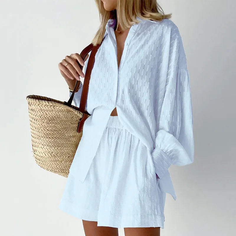 Fashion Long Sleeve Shirt and Shorts Suit 2 Piece Sets Women White Shorts Sets 2023 Summer Hollow Loose Female Outfits 22076