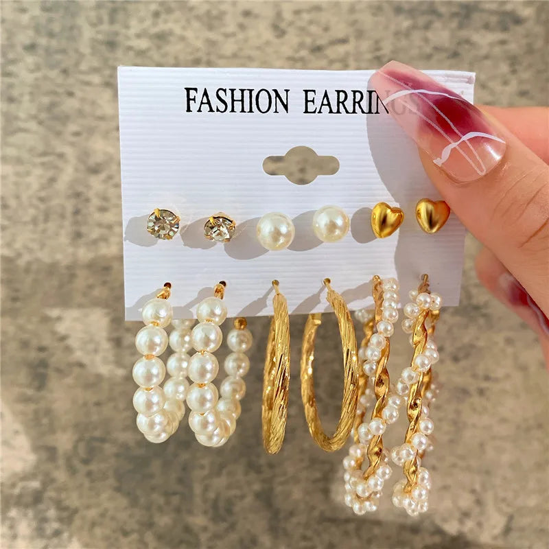 Boho Big Circle Hoop Earring Set for Women, Gold Color Bohemia Vintage Pearl Earring, Heart Zircon Ear Studs Jewelry Gifts