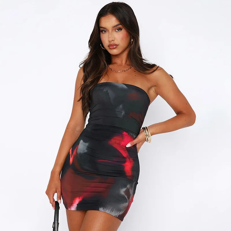 Printed Sexy Tubeless Dress Temperament Women's Fashion Slim Fit Hip Skirt New Nightclub Banquet Women's Clothing