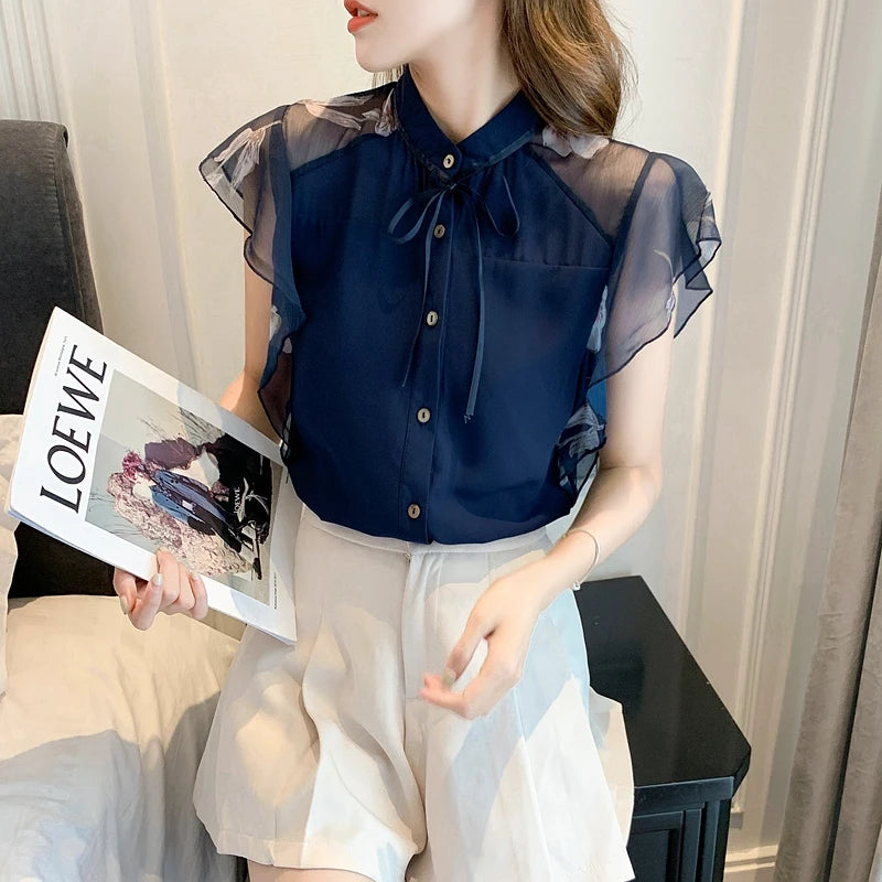 Summer Women Chiffon Blouse Shirt Women Tops Short Sleeve Blouse Women Blusas Mujer De Moda 2023 Blouses Femme Top Shirts F123