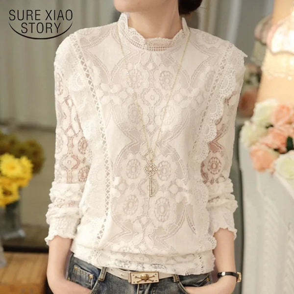 New Arrival 2023 Autumn Women Blouses Long Sleeve Fashion Casual Chiffon Shirts Stand Floral Lace Blouses Casaul Tops 07F 25