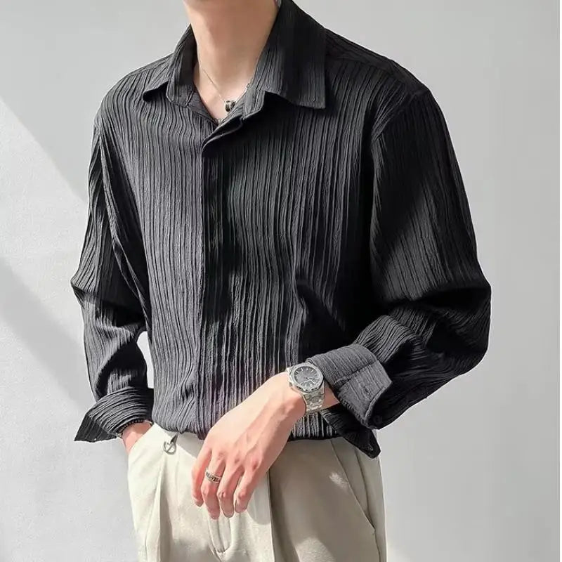 Black Apricot White Long-sleeved Shirt Men Fashion Social Mens Dress Shirt Korean Loose Casual Pleated Shirts Mens Formal Shirt