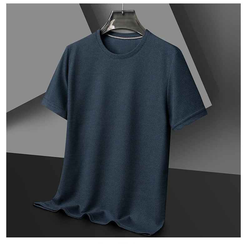 New Summer Waffle Round Neck Short Sleeved T-shirt for Men's Short Sleeved Top