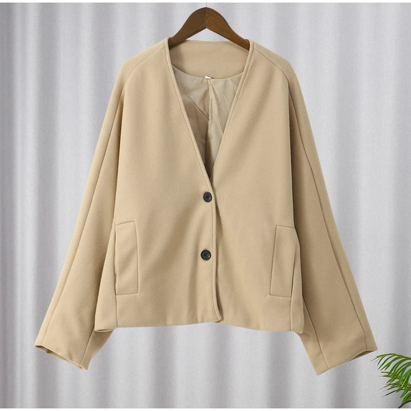 Women Vintage Blends Fit Blazer Coat Fashion Loose Double Breasted Long Sleeve Pockets Female Jackets Chic Lady Commuter Coats