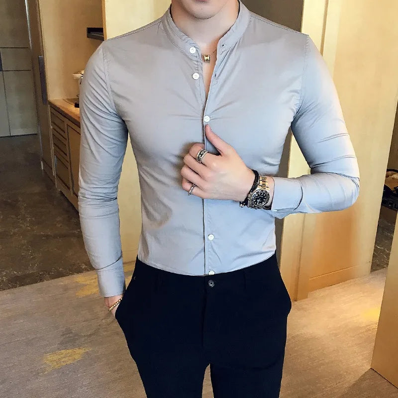 Men Slim Fit Shirt 2023 Autumn Cotton Solid Stand Collar Casual Business Long-sleeved Shirts Male Fashion Camisas Men Clothing