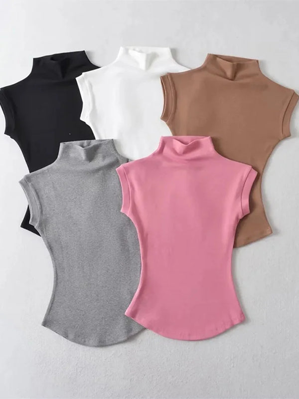 Women Summer Sexy Turtleneck Sleeveless T-Shirts Tops Solid Slim Fit Pullovers Causal Tees Shirts Female Streetwear Basics Tees