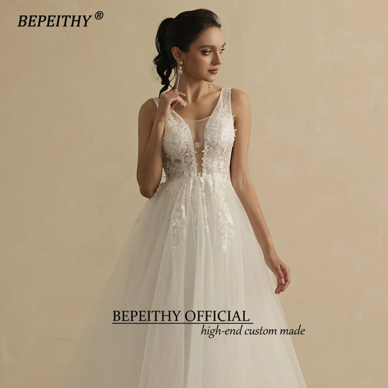 BEPEITHY Real Image Sexy Deep V Neck Wedding Dresses For Women 2022 Bride A Line Open Back Boho Bridal Party Gown Sleeveless