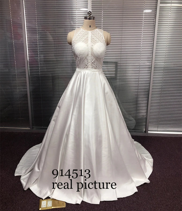 Bohemian Wedding Dresses Lace Satin Boho Bridal Gowns Button Back A-Line Wedding Dress Robe De Mariee