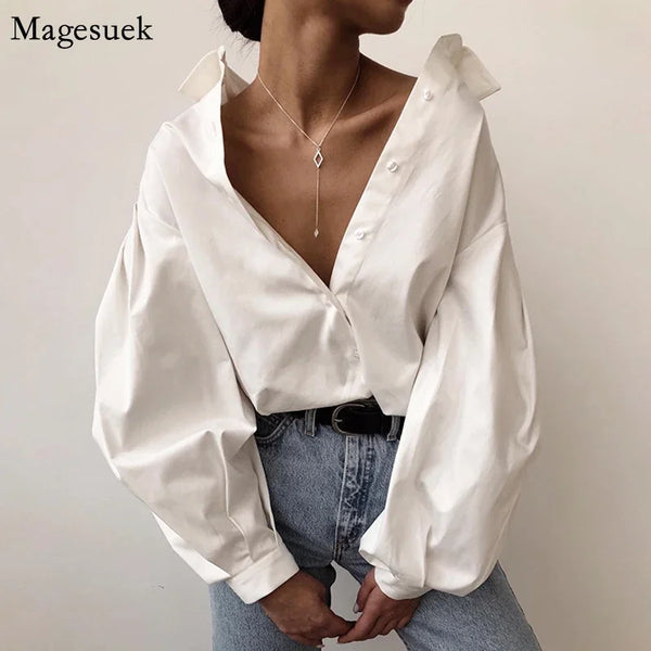 Casual Vintage Sexy Button White Blouse Women Lantern Sleeve Elegant Loose Women Shirt Cotton Office Ladies Tops Blusas 10903