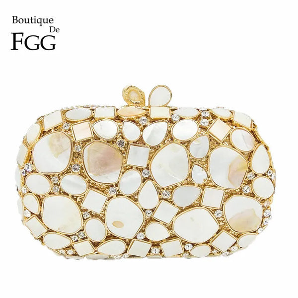 Boutique De FGG Natural Shell Women Luxury Crystal Evening Bags Bridal White Wedding Clutch Bag Party Minaudiere Handbag Purse