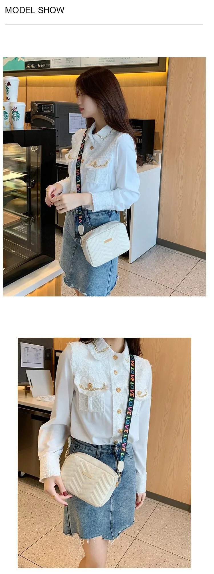 Rilibegan Embroidered Camera Bag PU Material Casual Small Square Bag Versatile Single Shoulder Bag Printed Shoulder Strap