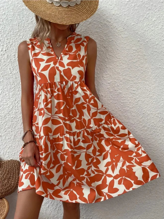 Women Boho Print Mini Dress Summer Elegant Sleeveless V Neck Ruffle A Line Tank Dress Casual Loose Oversize Beach Party Sundress