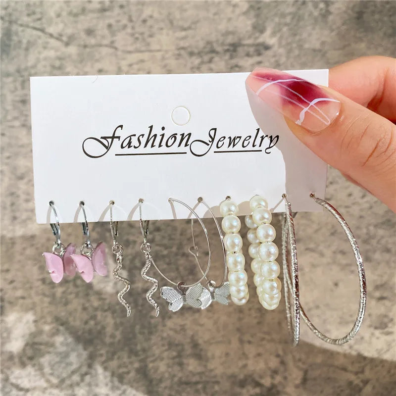 Boho Big Circle Hoop Earring Set for Women, Gold Color Bohemia Vintage Pearl Earring, Heart Zircon Ear Studs Jewelry Gifts