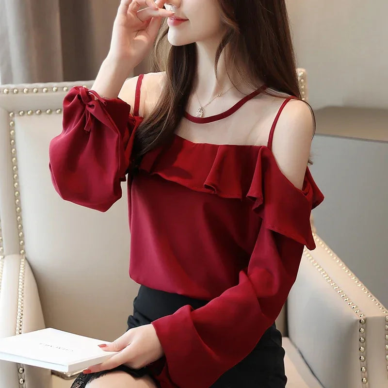 Casual Off Shoulder Tops Solid Long Sleeve Chiffon Blouse Blusas Mujer De Moda 2023 Autumn Women Tops and Blouse  6756 50