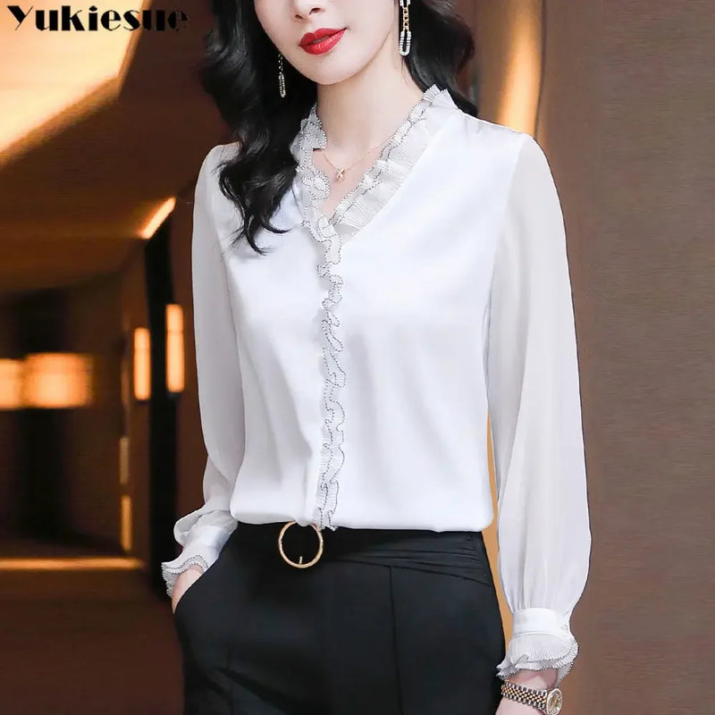 BLUSAS 2022 Spring New Office Lady Long Sleeve Pullovers Lace Ruffles Chiffon Shirts Women's Clothing Vintage Elegant Blouse 4XL