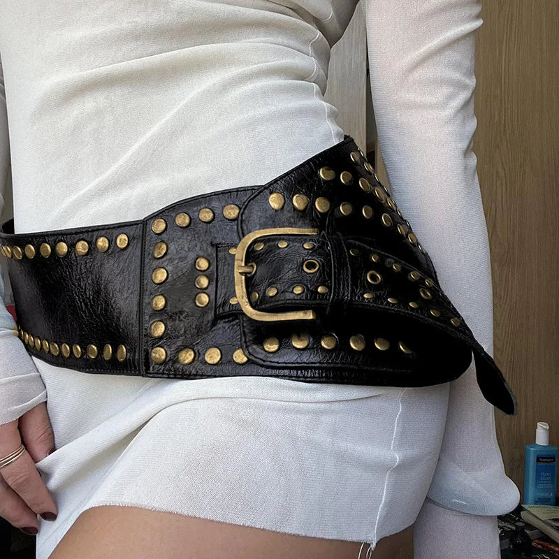 Vintage Punk Studded Belt  Chain Y2K Metal Pu Western Cowboy Wide Waistband Waist Belts Sexy Hiphop Men Skeleton Beaded Belt