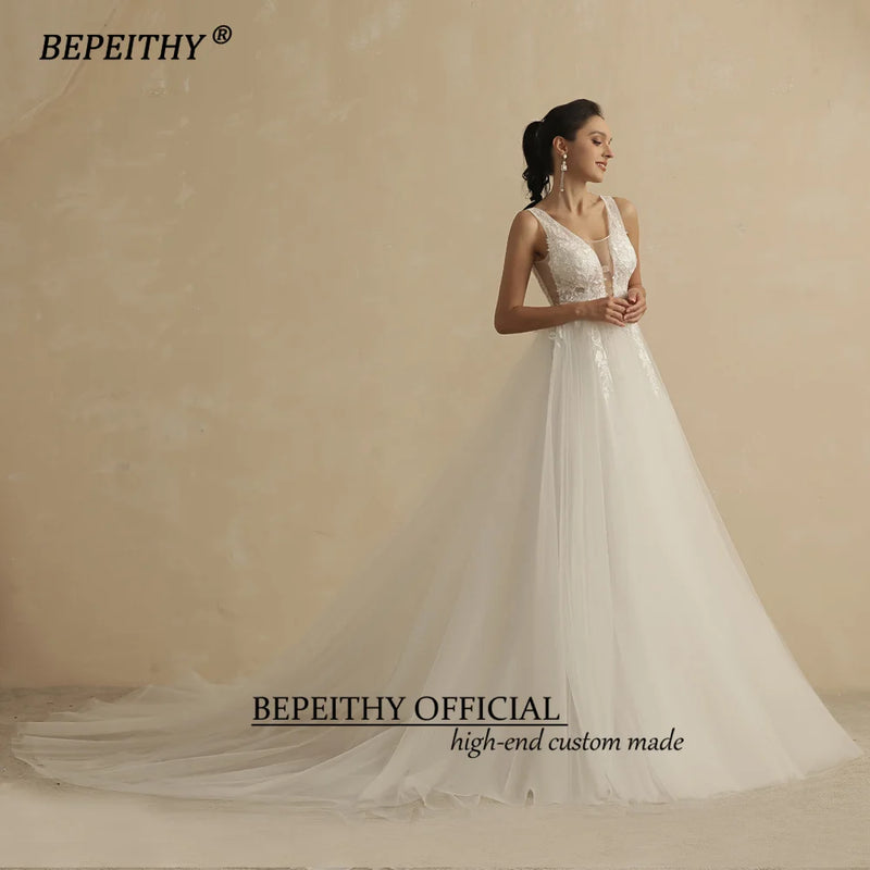 BEPEITHY Real Image Sexy Deep V Neck Wedding Dresses For Women 2022 Bride A Line Open Back Boho Bridal Party Gown Sleeveless
