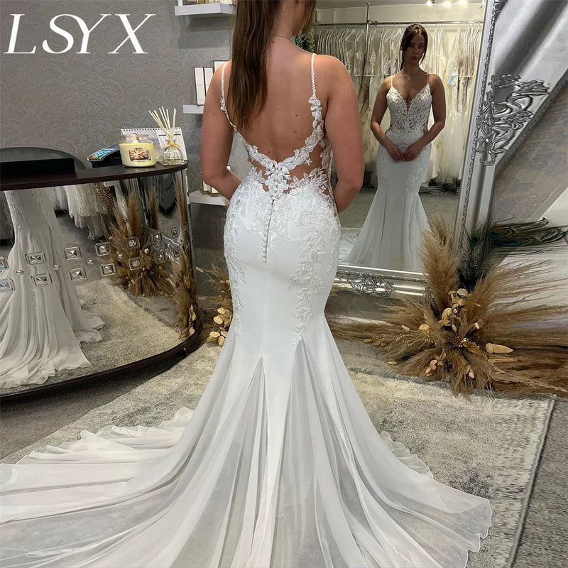 LSYX Deep V-Neck Sleeveless Chiffon Mermaid Wedding Dress 2024 Simple Spaghetti Strap Court Train Cut Out Back Bridal Gown