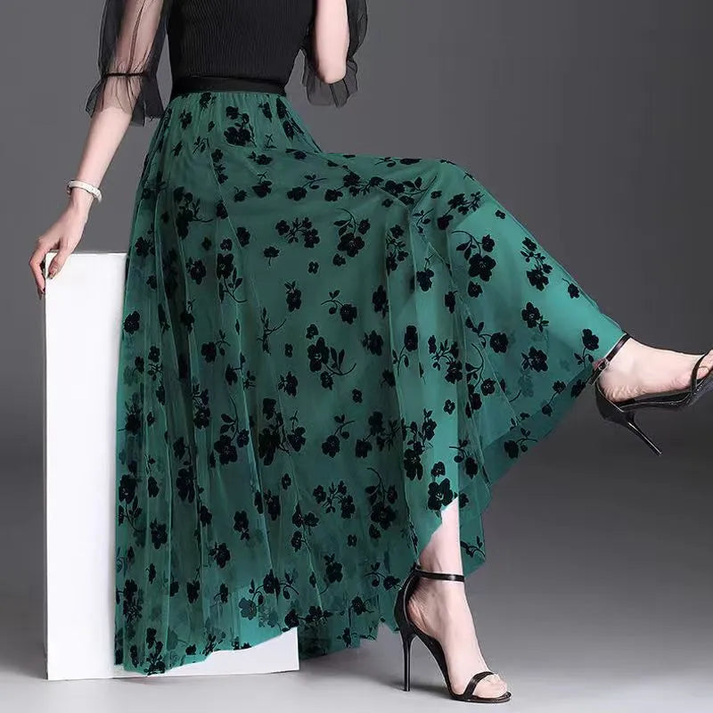 Mesh Floral Skirt For Women 2023 Autumn Winter Lace Flocking Big Swing Elastic High Waisted Fashion Elegant Mujer Party A-Line