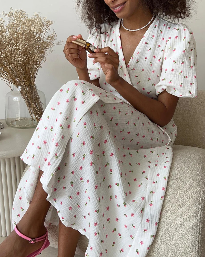 Casual Women's Summer Dresses 100% Cotton Floral Print A-line Midi Dress with Side Slits Long Elegant White Dress for Women 2024