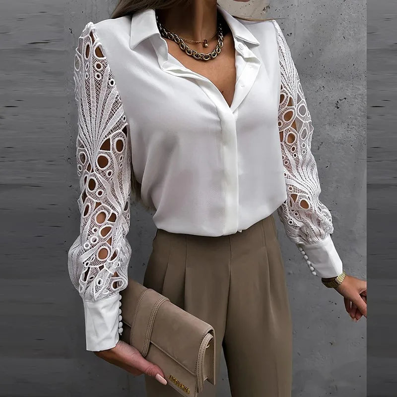 White Sexy Lace Hollow Out Women Blouse 2023 Autumn Black Vintage Button Up Shirts Top Long Sleeve Mesh Design Femme Elegant Top