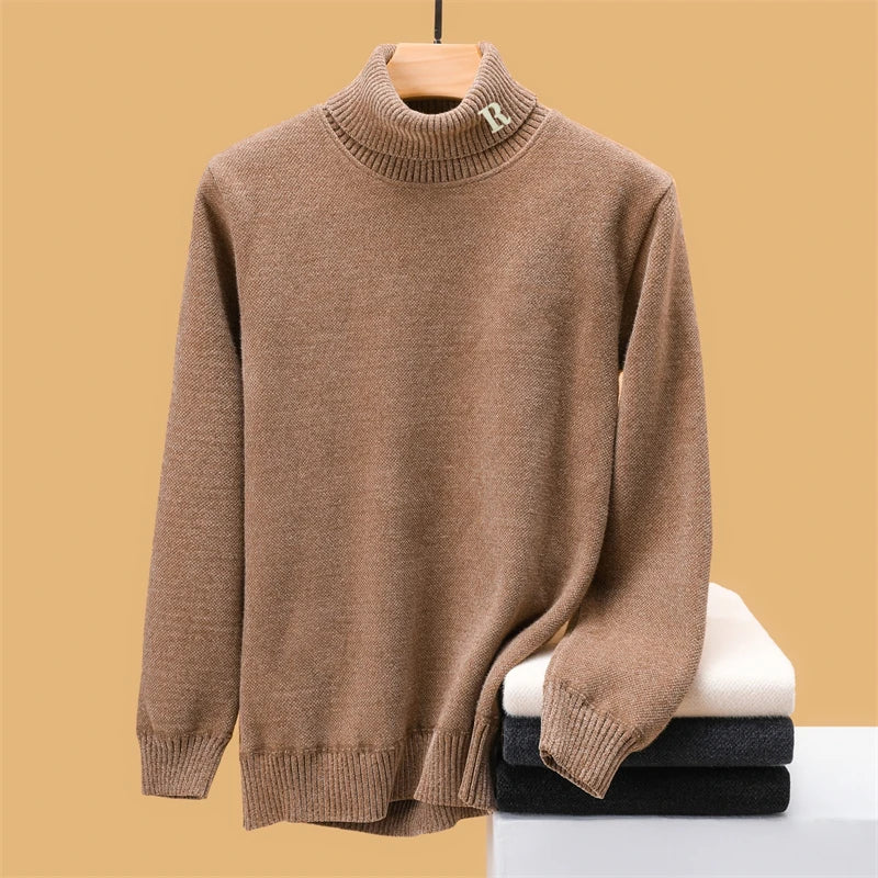 Luxury brand sweater men's high neck designer new trend R embroidery casual Korean top winter plush thick warm knitted pullover