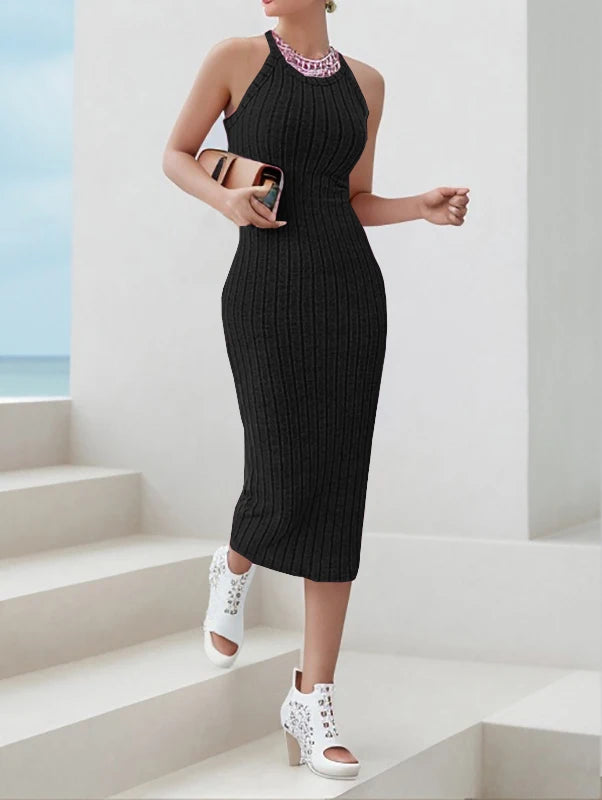 Solid Halter Neck Bodycon Dress Dodycon Dress Fashion New Designer Ribbed Midi Dress Women's Sleeveless Ribbed Knit Tank Dress