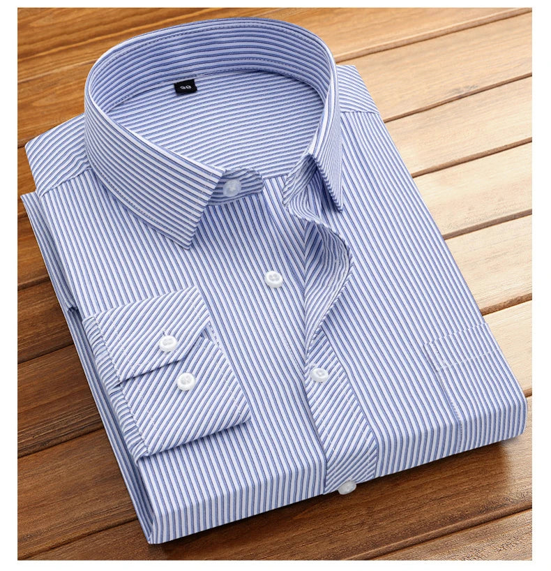 Cotton Men's Classic Long Sleeve Striped Basic Dress Shirts Single Patch Pocket Formal Business Standard-fit Office Social Shirt