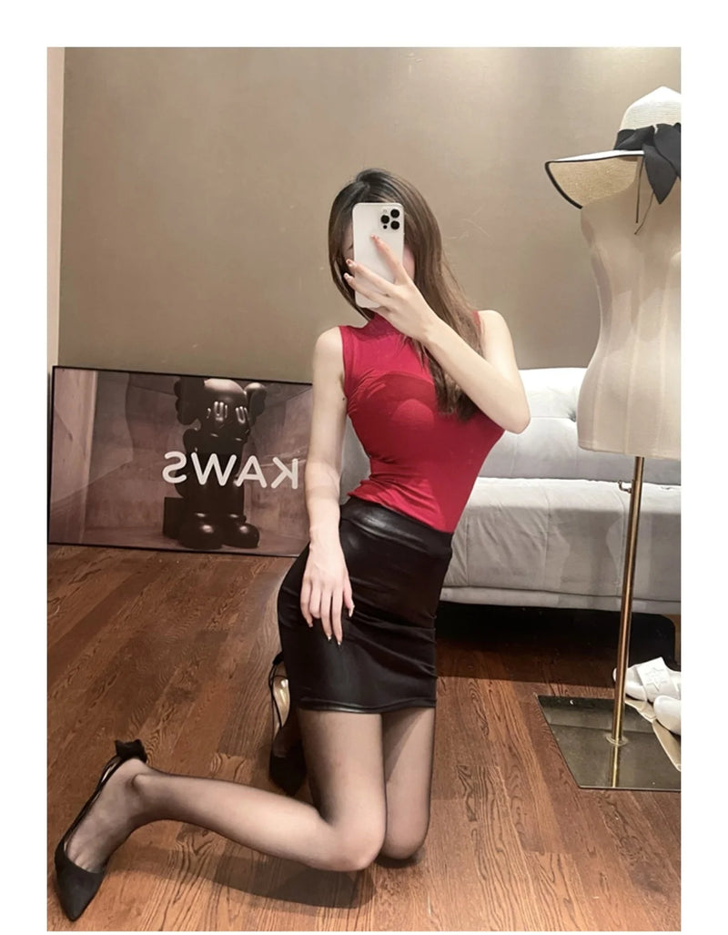 WOMENGAGA Leather Matte Slim Mini Sexy Fashion PU Hot Short High Waist Skirt Korean Nightclub Streetwear Wholesale Clothes 7ST