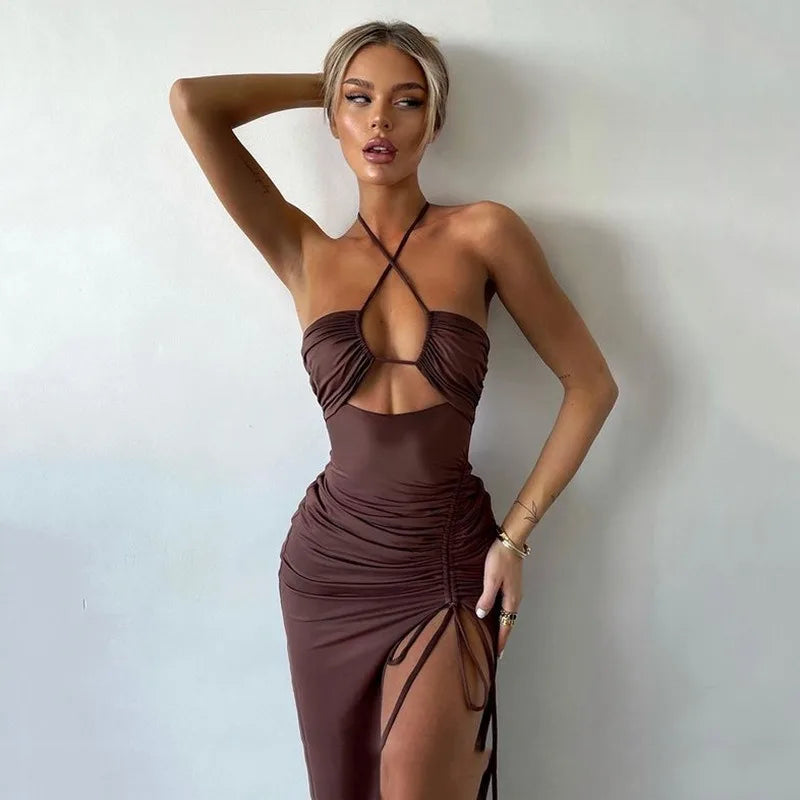 Sexy Dress Women Summer New Sleeveless Backless Hollow Out Dresses Slim Fashion Split Bandage Casual Bodycon Elegant Party Dress