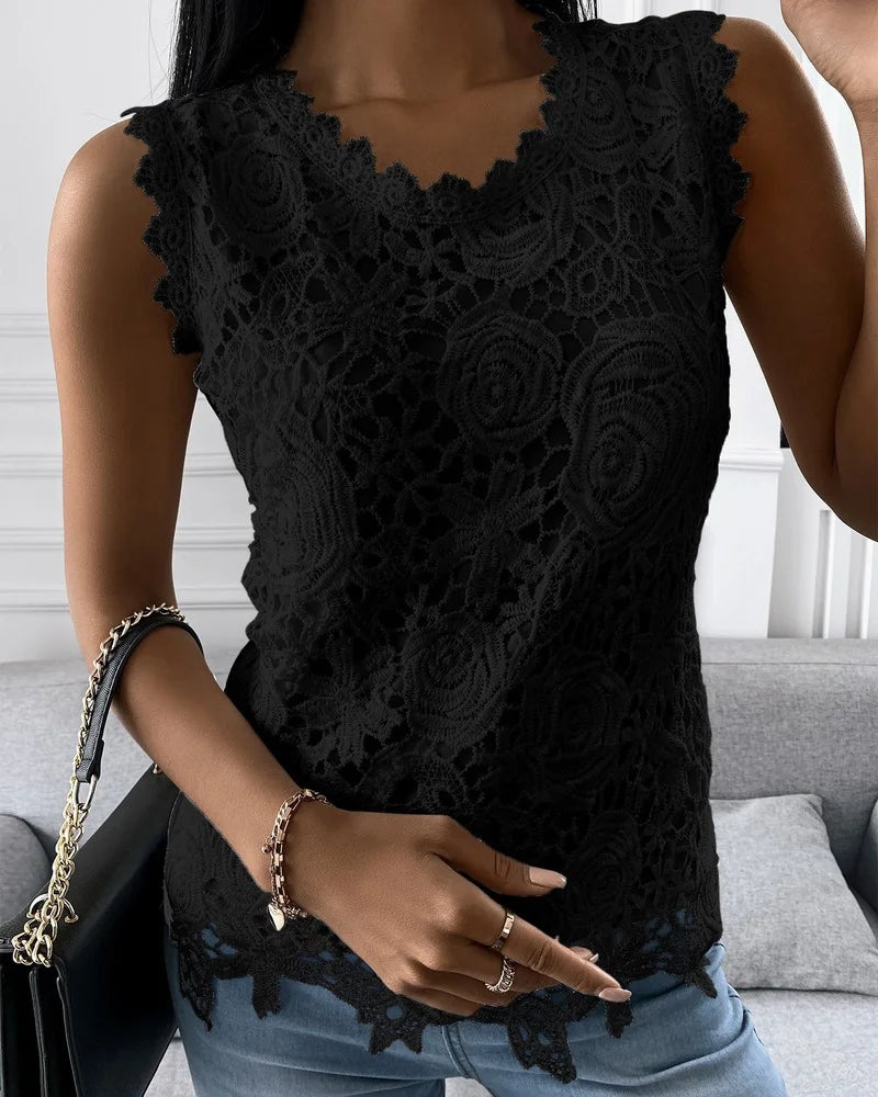 Summer Fashion Lace Blouse Woman Jacquard Sleeveless Casual Women Shirts 4XL Vintage Loose Floral Vest Tops Blusas Mujer 19340