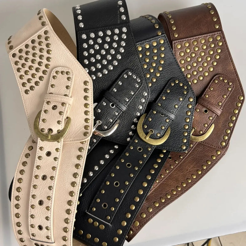 Vintage Punk Studded Belt  Chain Y2K Metal Pu Western Cowboy Wide Waistband Waist Belts Sexy Hiphop Men Skeleton Beaded Belt