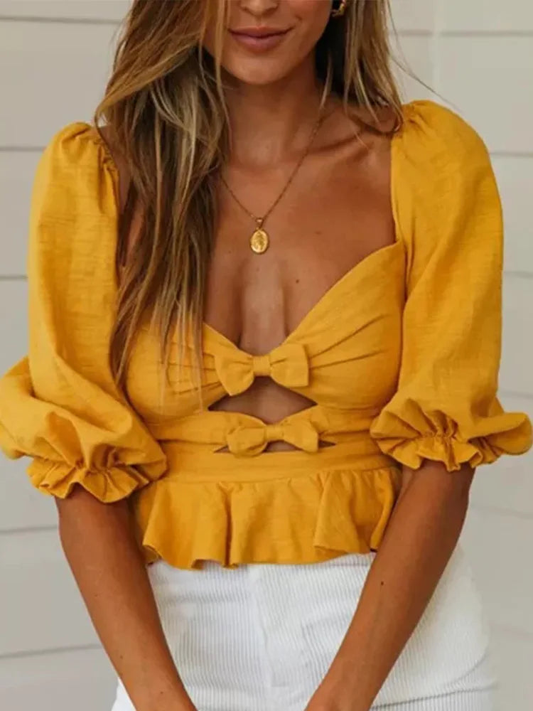 Women Puff Sleeve Backless Bow Tie Sexy T-shirt Square Neck Solid Female Crop T-shirts 2021 New Fashion Ladies Slim Tube Tops