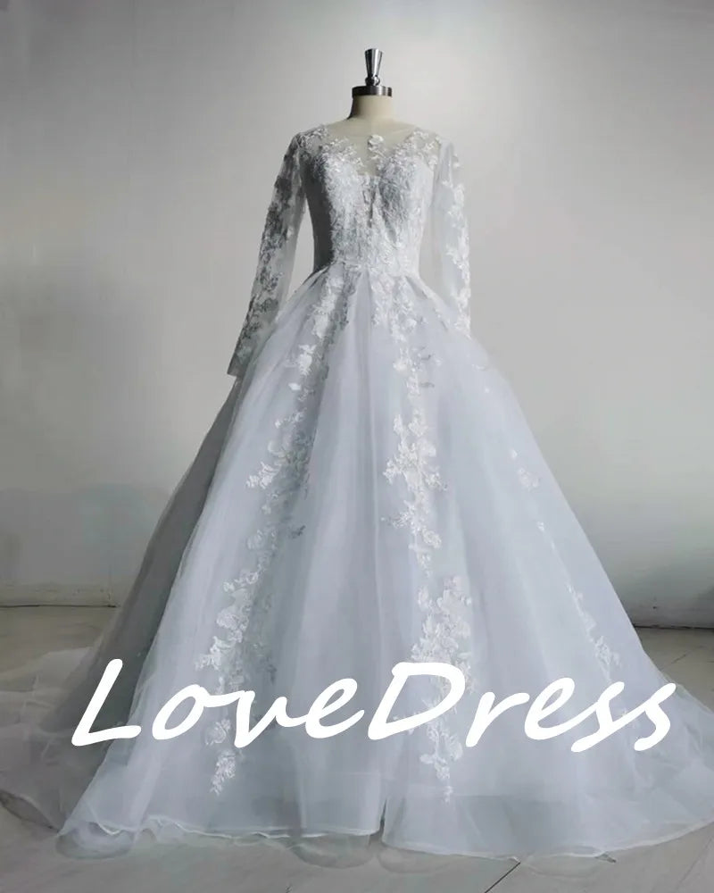 Luxury Pink Long Sleeves Wedding Dress Ball Gown Lace Appliques O-Neck Button Royal Train Bride Gowns Vestido De Novia Princess