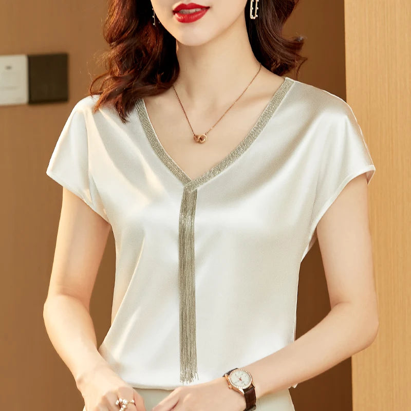 Shirts and  Blouses Fashion Woman 2024 Silk Tops Solid V-neck Satin Bat Sleeve for Women Elegant Office Lady Loose Casual 15494