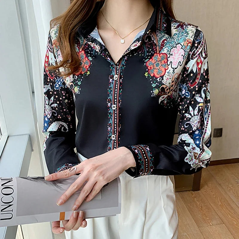 2023 Spring Fashion Floral Print Blouse Women Satin Shirts Ladies Tops Autumn Long Sleeve Silk Shirts Blusa Mujer Clothes 18440