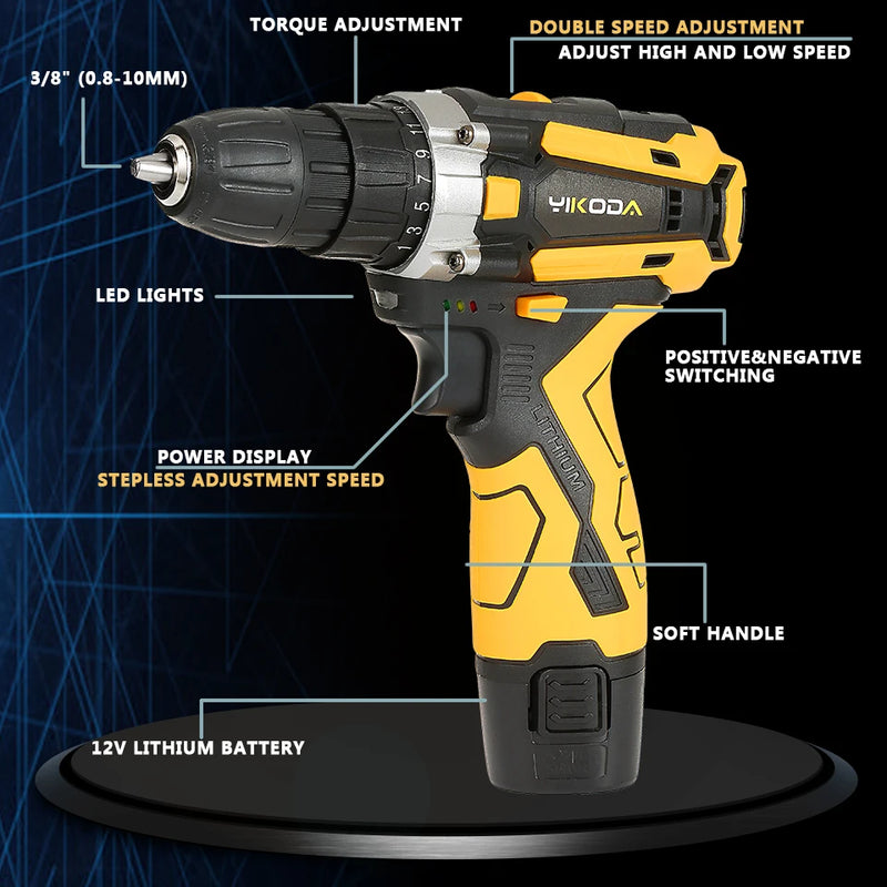 YIKODA 12/16.8/21V Cordless Drill Rechargeable Electric Screwdriver Lithium Battery Household Multi-function 2 Speed Power Tools