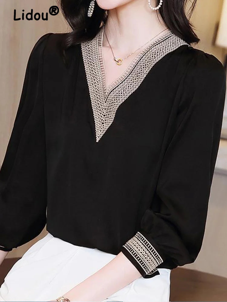 Elegant Fashion V-neck Embroidery Hollow Out Dignified Shirt New Summer Autumn 2022 Long Sleeve Solid Color Women's Clothing