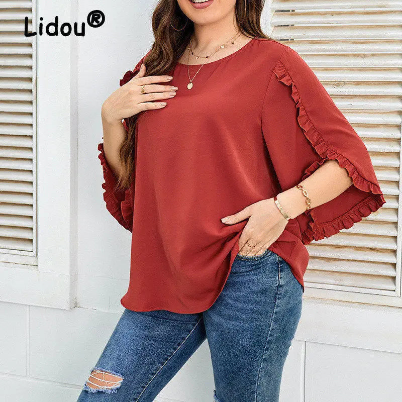 Plus Size Women Clothing Autumn Fashion Ruffled O Neck Half Sleeve Solid Loose Chiffon Shirt Blouse Office Ladies Tunic Tops 4XL