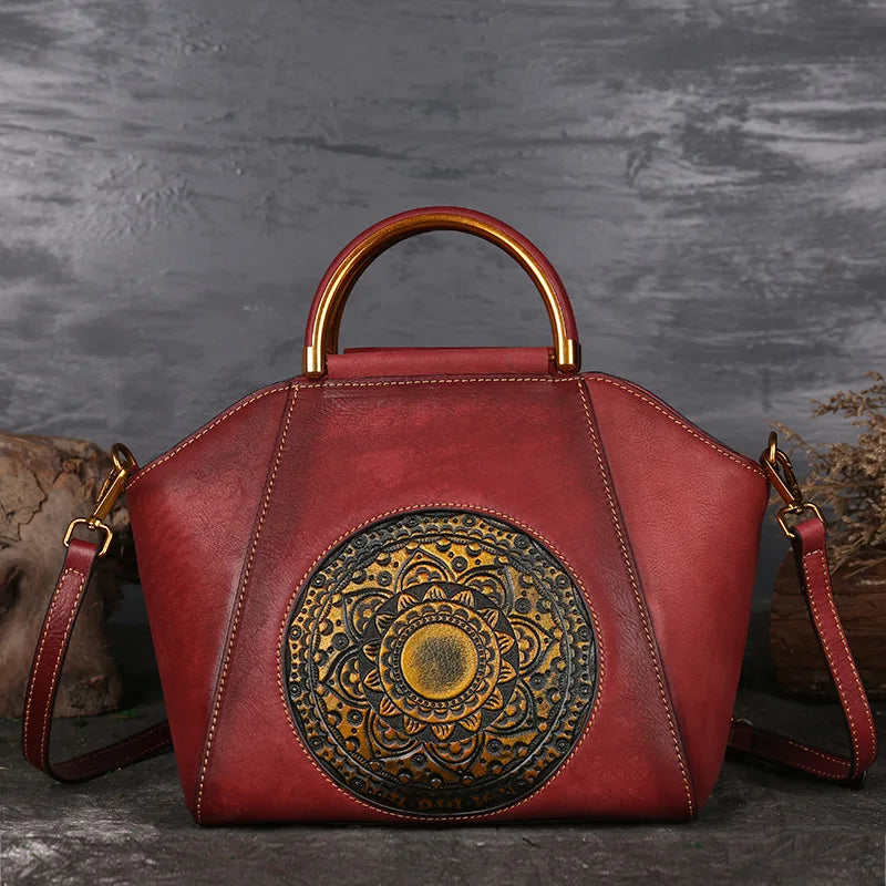 Genuine Embossed Leather Messenger Top Handle Bag Retro Handbag Totem Pattern High Quality Natural Skin Women Shoulder Tote Bags