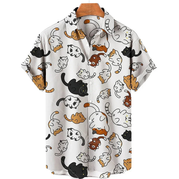 Men's Kitten Single Breasted Short Sleeved Shirt, 3D Digital Printed Casual Shirt, Loose, Fashionable, Large 5XL, 2024