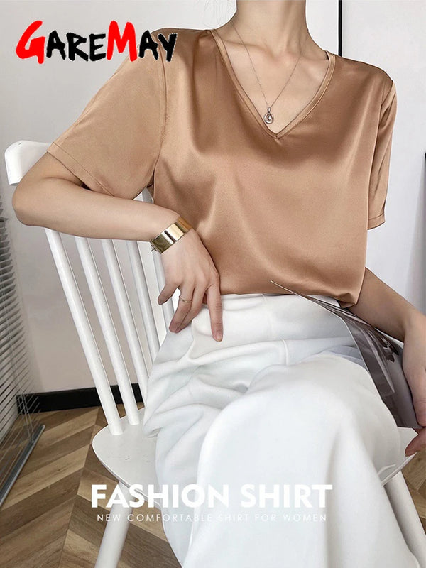 Beautiful Women's Blouses New Summer 2023 Shoort Sleeve V Neck Elegant Silk Satin Shirt Korean Fashion Top Vintage White Shirt