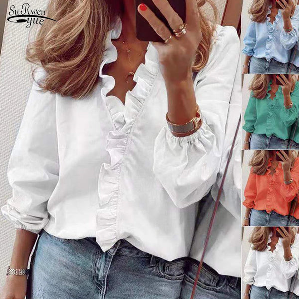 New Loose 4XL 5XL Autumn Chiffon Ruffles Women Shirt Blouses Floral Long Sleeve Loose Female White Clothing Blusas 18246