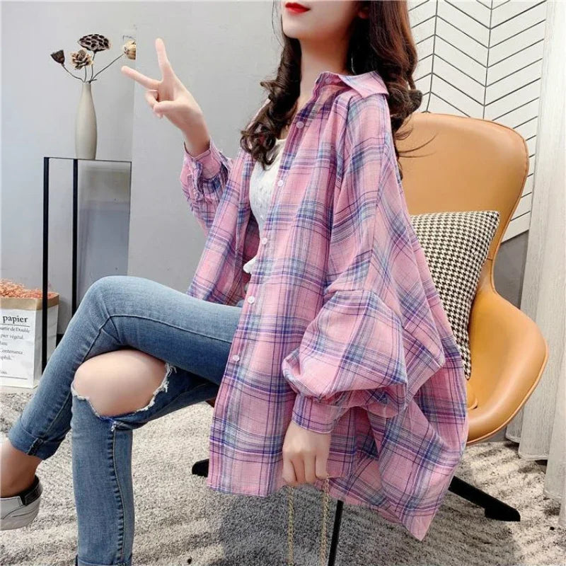 Shirts Women Fashion Chic 3XL Batwing Sleeve Plaid Summer Sun-proof Simple Daily Casual Korean Style Harajuku All-match Ladies