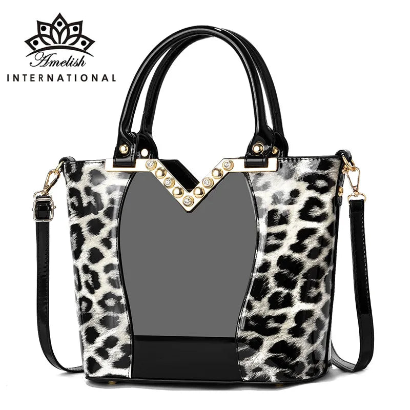2022 New Trend Luxury Brand Bag for Women Leopard Print Patent Leather Diamond Tote Female Handbag Fashion Ladies Shoulder Bags