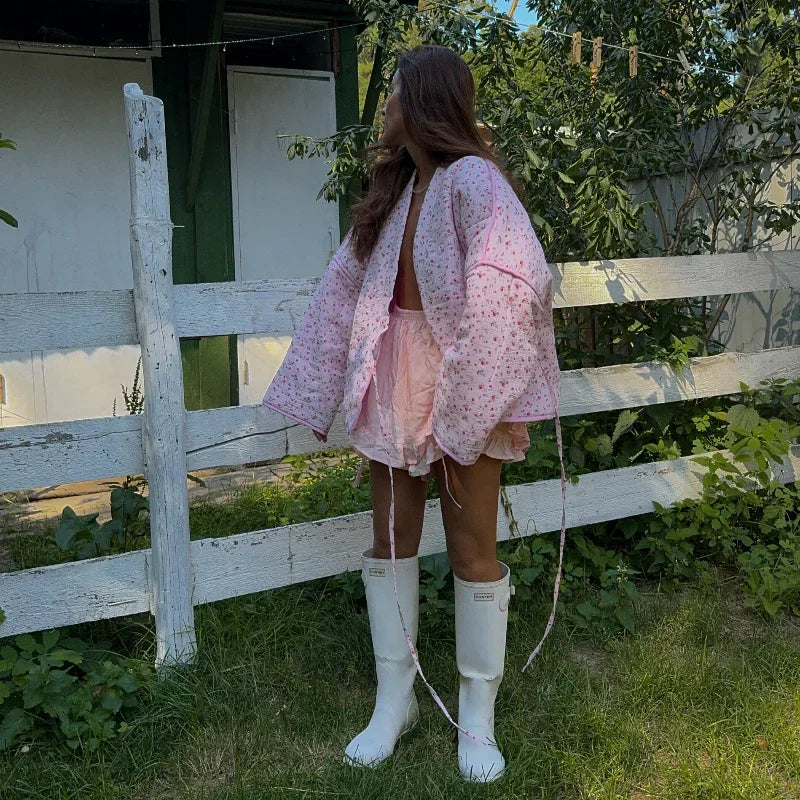 2024 New Pink Floral Cotton Coats Women Fashion V-neck Full Sleeve Lace Up Loose Jacket Autumn And Winte Chic Warm Lady Outwear