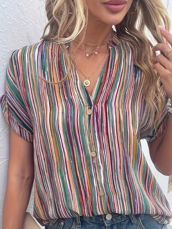 Plus Size Casual Blouse, Women's Plus Stripe Print Button Decor Short Sleeve Notched Neck Blouse