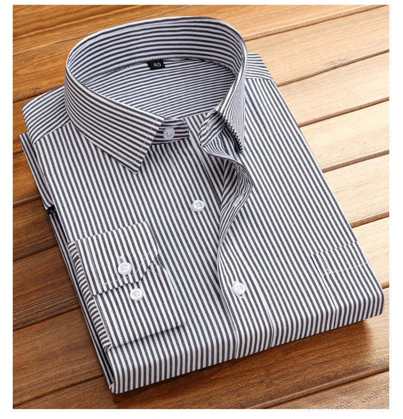 Cotton Men's Classic Long Sleeve Striped Basic Dress Shirts Single Patch Pocket Formal Business Standard-fit Office Social Shirt